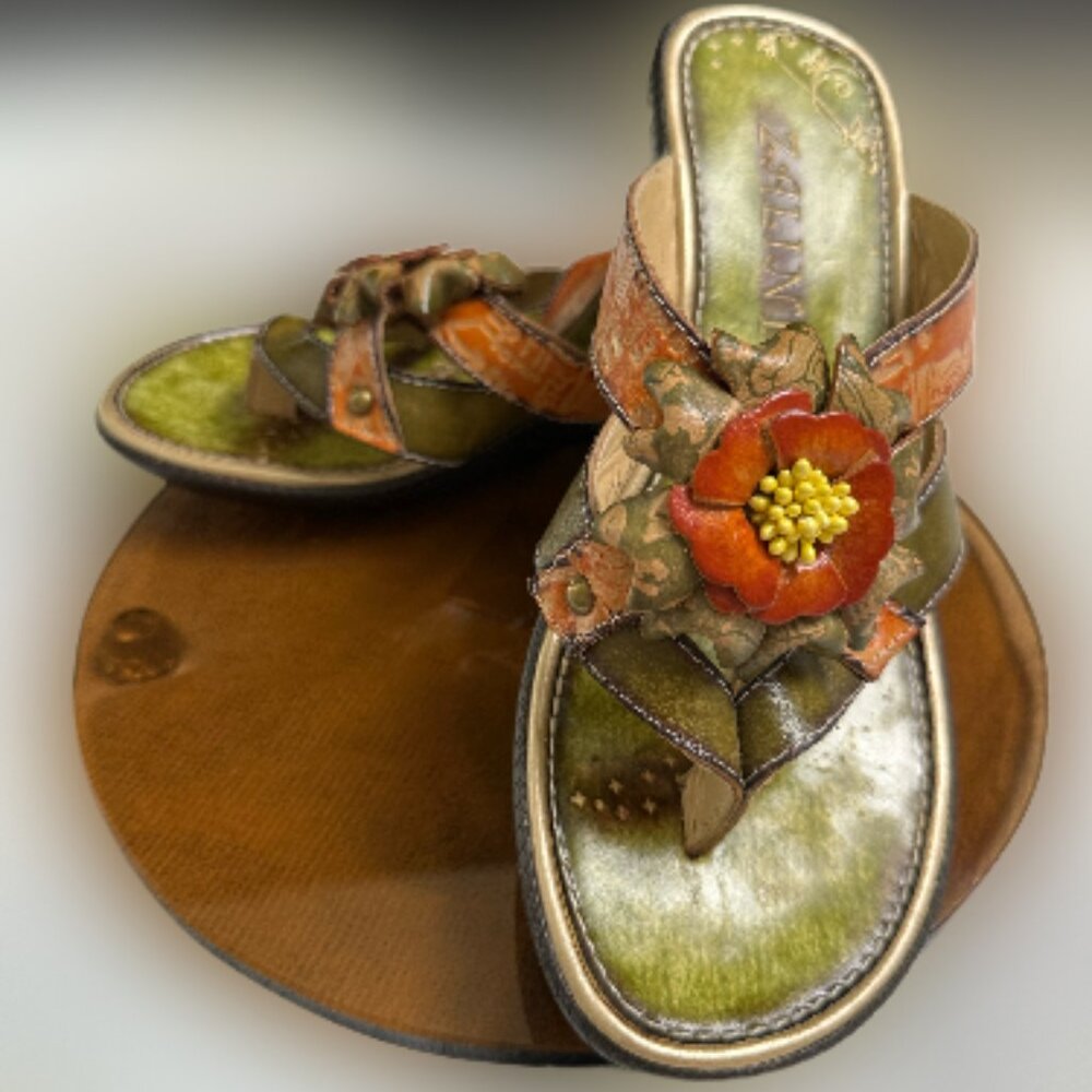 sold ~ Zalini Women's Embroidered Wedge Leather Heel Sandals Flip Flops